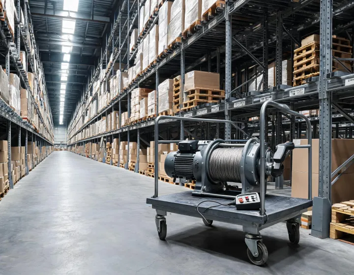 12 volt electric winch remote control on a warehouse floor near a charging aisle