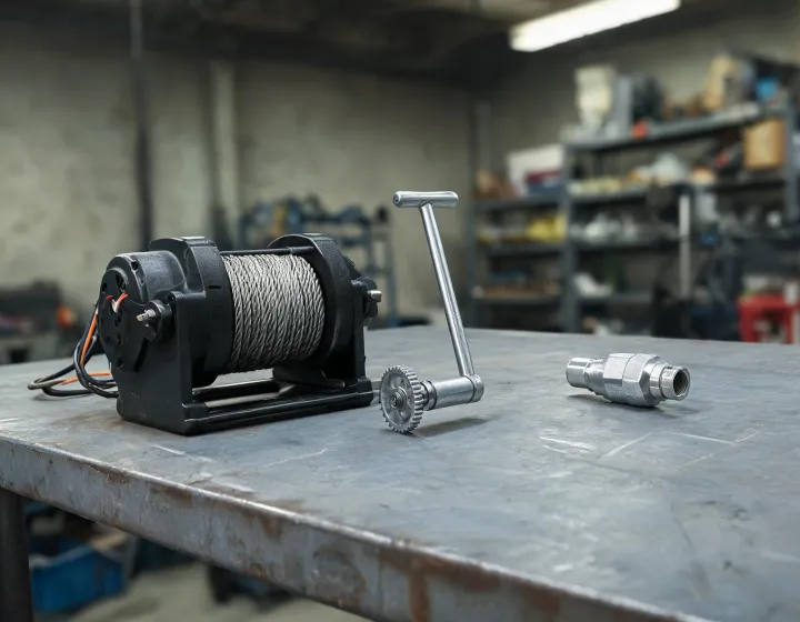 12v electric winch motor housing beside a manual drum and an air hose fitting