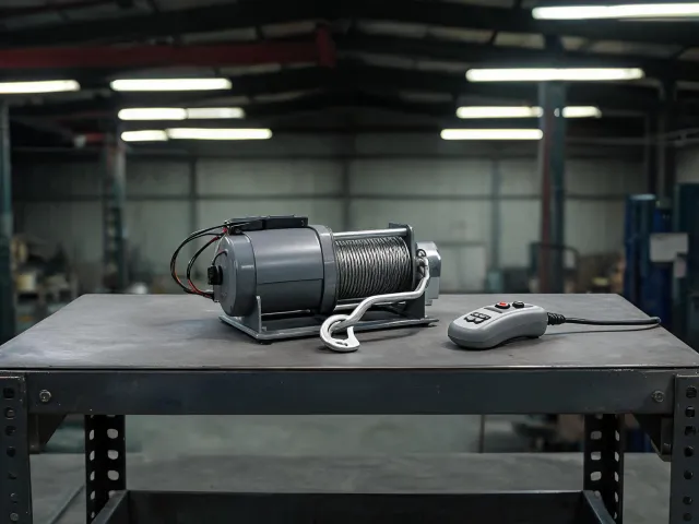 12 volt electric winch motors on a bench